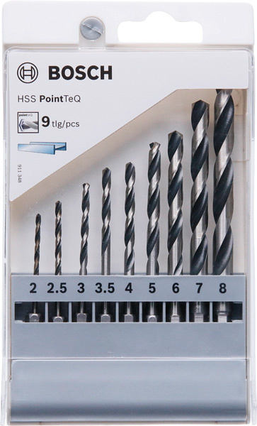 9dílná sada spirálových vrtáků HSS PointTeQ Hex 2–8 mm