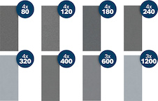 Brusný papír PRO C355, 93 × 230 mm, G4 × 80/4 × 120/4 × 180/4 × 240/4 × 320/4 × 400/3 × 600/3 × 1 200, 30 ks