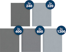Brusný papír PRO C355, 230 × 280 mm, G3 × 240/3 × 320/3 × 400/3 × 600/3 × 1 200, 15 ks