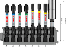 8dílná sada PRO Impact Set se standardním držákem bitů a indexem Pick and Click, PH2 (2×), PZ2 (2×), T20, T25, T30, BH