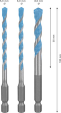 Sada vrtáků EXPERT HEX-9 Multi Construction, 5 × 60 × 100; 6 × 60 × 100; 8 × 50 × 100 mm, 3 ks