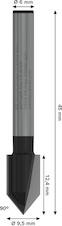 Drážkovací fréza tvaru V PRO, 90° × Ø 9,5, stopka 6 mm