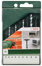 9dílná sada vrtáků: kov HSS-R/kámen 3,0 mm x 61 mm; 4,0 mm x 75 mm; 5,0 mm x 86 mm; 6,0 mm x 93 mm; 8,0 mm x 117 mm; 4,0 mm x 75 mm; 5,0 mm x 85 mm; 6,0 mm x 100 mm; 8,0 mm x 120 mm