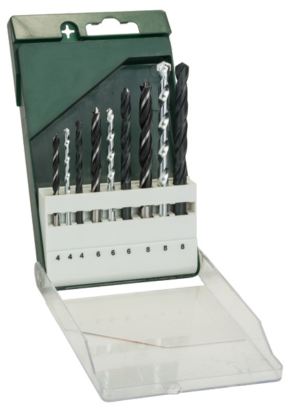 9dílná sada vrtáků: kov HSS-R/kámen/dřevo 4,0 mm x 75 mm; 6,0 mm x 93 mm; 8,0 mm x 117 mm; 4,0 mm x 75 mm; 6,0 mm x 100 mm; 8,0 mm x 120 mm; 4,0 mm x 75 mm; 6,0 mm x 92 mm; 8,0 mm x 115 mm