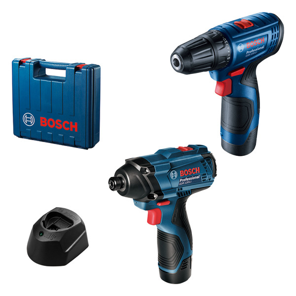 Kombinovaná sada Kombinovaná sada: akumulátorový vrtací šroubovák GSR 120-Li + akumulátorový rázový utahovák GDR 120-Li + 2× akumulátor GBA 12V 2.0Ah + nabíječka GAL 1210 CV v kufříku