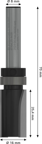 Zarovnávací fréza s horním ložiskem PRO, Ø 16 × D 25,4, stopka 8 mm