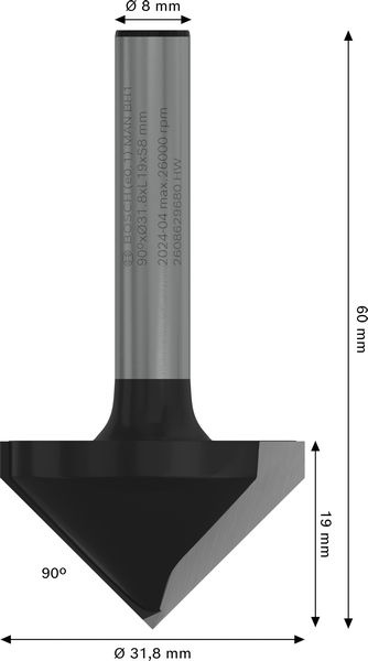 Drážkovací fréza tvaru V PRO, 90° × Ø 31,8, stopka 8 mm