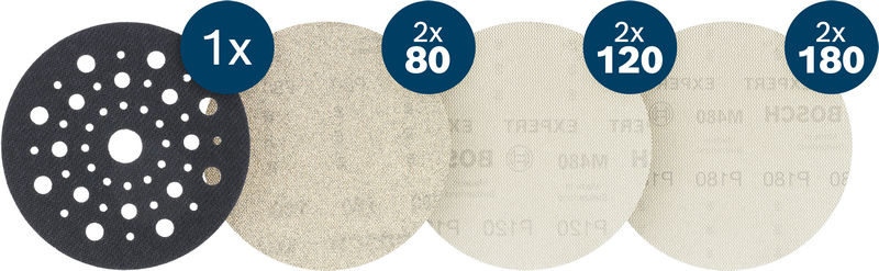 Sada brusných mřížek EXPERT M480 pro excentrické brusky, 125 mm, G2 × 80/2 × 120/2 × 180, ochranná podložka, 7 ks