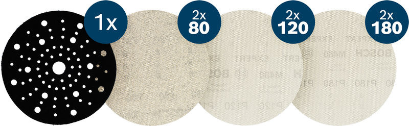 Sada brusných mřížek EXPERT M480 pro excentrické brusky, 150 mm, G2 × 80/2 × 120/2 × 180, ochranná podložka, 7 ks