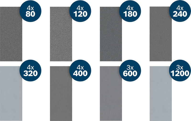 Brusný papír PRO C355, 93 × 230 mm, G4 × 80/4 × 120/4 × 180/4 × 240/4 × 320/4 × 400/3 × 600/3 × 1 200, 30 ks