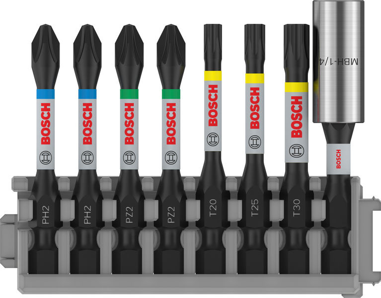 8dílná sada PRO Impact Set se standardním držákem bitů a indexem Pick and Click, PH2 (2×), PZ2 (2×), T20, T25, T30, BH