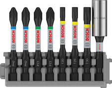 8dílná sada PRO Impact Set se standardním držákem bitů a indexem Pick and Click, PH2 (2×), PZ2 (2×), T20, T25, T30, BH