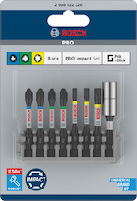 8dílná sada PRO Impact Set se standardním držákem bitů a indexem Pick and Click, PH2 (2×), PZ2 (2×), T20, T25, T30, BH