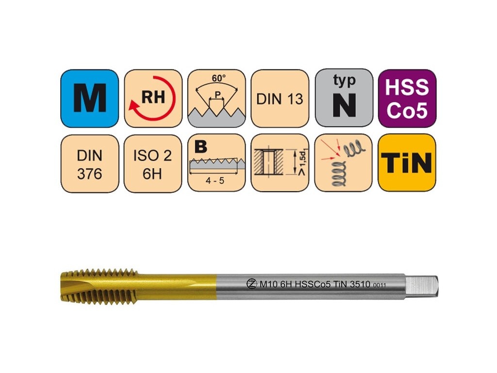 Závitník strojní M28x2 ISO2 HSSCo5 TiN DIN 374 B3510