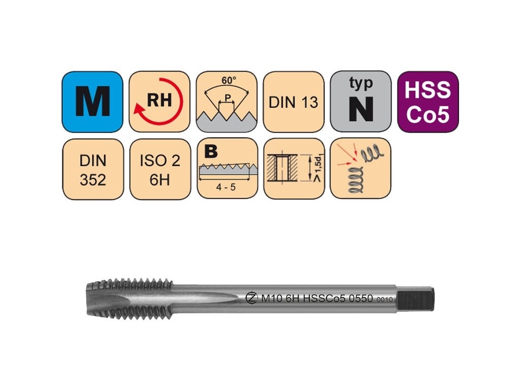 Závitník strojní krátký M3x0,5 ISO2 HSSCo5 DIN 352 B0550