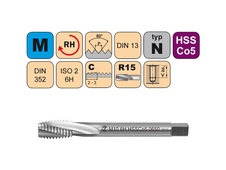 Závitník strojní krátký M3x0,5 ISO2 HSSCo5 DIN 352 RSP15